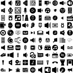 Collection Of 100 Sound Icons Set Isolated Solid Silhouette Icons Including Voice, Digital, Vector, Sound, Music, Abstract, Audio Infographic Elements Vector Illustration Logo