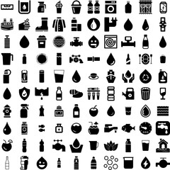 Collection Of 100 Water Icons Set Isolated Solid Silhouette Icons Including Blue, Water, Liquid, Transparent, Background, Nature, Clean Infographic Elements Vector Illustration Logo