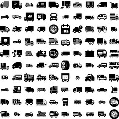 Collection Of 100 Truck Icons Set Isolated Solid Silhouette Icons Including Transport, Trucking, Freight, Shipping, Delivery, Transportation, Truck Infographic Elements Vector Illustration Logo