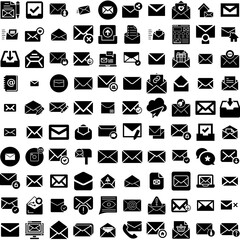 Collection Of 100 Email Icons Set Isolated Solid Silhouette Icons Including Web, Email, Internet, Mail, Vector, Communication, Message Infographic Elements Vector Illustration Logo