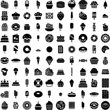 Collection Of 100 Dessert Icons Set Isolated Solid Silhouette Icons Including Sweet, Food, Cake, Bakery, Dessert, Pastry, Chocolate Infographic Elements Vector Illustration Logo