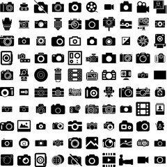 Collection Of 100 Photography Icons Set Isolated Solid Silhouette Icons Including Photo, Camera, Lens, Technology, Equipment, Photographer, Photography Infographic Elements Vector Illustration Logo
