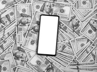 Phone screen mockup on dollars heap. Finance app