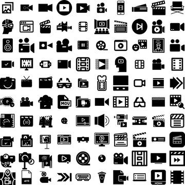 Collection Of 100 Movie Icons Set Isolated Solid Silhouette Icons Including Illustration, Movie, Film, Entertainment, Theater, Video, Cinema Infographic Elements Vector Illustration Logo