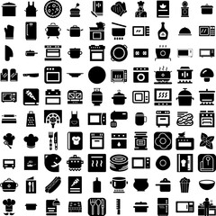 Collection Of 100 Cooking Icons Set Isolated Solid Silhouette Icons Including Kitchen, Cook, Food, People, Cooking, Home, Recipe Infographic Elements Vector Illustration Logo