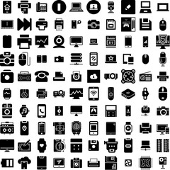Collection Of 100 Device Icons Set Isolated Solid Silhouette Icons Including Phone, Mobile, Technology, Computer, Tablet, Screen, Digital Infographic Elements Vector Illustration Logo