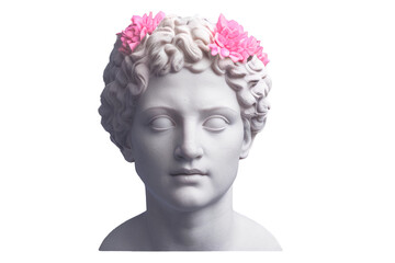 ancient greek statue head, with pink flowers, isolated