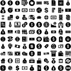 Collection Of 100 Dollar Icons Set Isolated Solid Silhouette Icons Including Bank, Dollar, Banking, Finance, Currency, Business, Money Infographic Elements Vector Illustration Logo