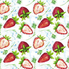 Seamless pattern of ripe juicy red strawberries with blue splashes. Watercolor illustration isolated on transparent background. The application is designed for printing on textiles, packaging