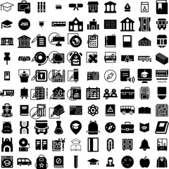 Collection Of 100 School Icons Set Isolated Solid Silhouette Icons Including Study, Background, School, Student, Book, Education, Back Infographic Elements Vector Illustration Logo