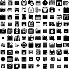 Collection Of 100 Schedule Icons Set Isolated Solid Silhouette Icons Including Calendar, Date, Icon, Plan, Time, Schedule, Business Infographic Elements Vector Illustration Logo