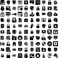 Collection Of 100 Secure Icons Set Isolated Solid Silhouette Icons Including Internet, Technology, Protection, Privacy, Security, Computer, Secure Infographic Elements Vector Illustration Logo