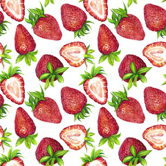 Seamless pattern of ripe juicy red strawberries. Watercolor illustration isolated on transparent background. The application is designed for printing on textiles, packaging