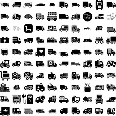 Collection Of 100 Truck Icons Set Isolated Solid Silhouette Icons Including Trucking, Freight, Transportation, Truck, Shipping, Transport, Delivery Infographic Elements Vector Illustration Logo