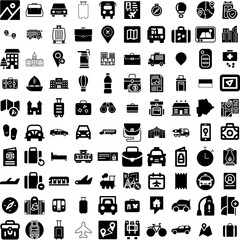 Collection Of 100 Travel Icons Set Isolated Solid Silhouette Icons Including Trip, Vacation, Journey, Airplane, Holiday, Travel, Tourism Infographic Elements Vector Illustration Logo