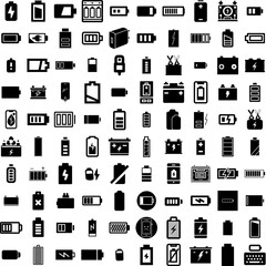 Collection Of 100 Battery Icons Set Isolated Solid Silhouette Icons Including Electric, Power, Industry, Energy, Electricity, Lithium, Battery Infographic Elements Vector Illustration Logo