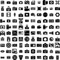 Collection Of 100 Photography Icons Set Isolated Solid Silhouette Icons Including Lens, Photography, Camera, Equipment, Photographer, Technology, Photo Infographic Elements Vector Illustration Logo