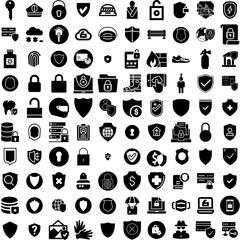 Collection Of 100 Protection Icons Set Isolated Solid Silhouette Icons Including Technology, Protect, Shield, Protection, Concept, Secure, Safety Infographic Elements Vector Illustration Logo