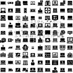 Collection Of 100 Laptop Icons Set Isolated Solid Silhouette Icons Including Laptop, Computer, Isolated, Notebook, Screen, Technology, Digital Infographic Elements Vector Illustration Logo