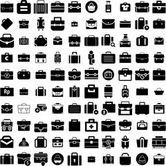 Collection Of 100 Briefcase Icons Set Isolated Solid Silhouette Icons Including Bag, Case, Suitcase, Design, Office, Business, Briefcase Infographic Elements Vector Illustration Logo