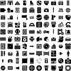 Collection Of 100 Equipment Icons Set Isolated Solid Silhouette Icons Including Equipment, Set, Isolated, Fitness, Sport, Healthy, Health Infographic Elements Vector Illustration Logo