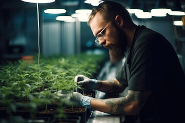 male worker in greenhouse with medicinal cannabis marijuana bushes. Legal commercial hemp growing business. Generative AI - obrazy, fototapety, plakaty