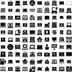 Collection Of 100 Laptop Icons Set Isolated Solid Silhouette Icons Including Laptop, Notebook, Technology, Screen, Isolated, Computer, Digital Infographic Elements Vector Illustration Logo