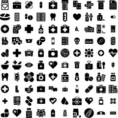 Collection Of 100 Medicine Icons Set Isolated Solid Silhouette Icons Including Hospital, Drug, Health, Medical, Medicine, Treatment, Pharmacy Infographic Elements Vector Illustration Logo