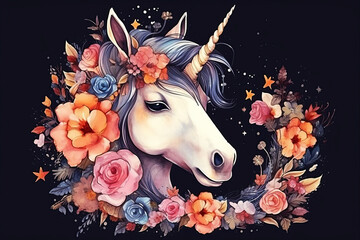 Unicorn with a wreath of flowers. White Horse. Watercolor. Generative AI Illustration. isolated.Template. Clipart