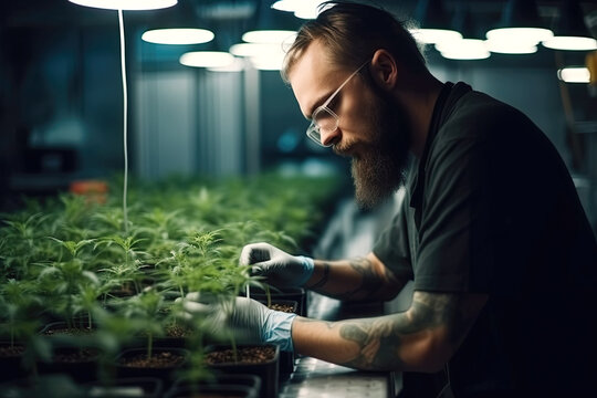 male worker in greenhouse with medicinal cannabis marijuana bushes. Legal commercial hemp growing business. Generative AI