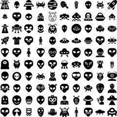 Collection Of 100 Alien Icons Set Isolated Solid Silhouette Icons Including Ufo, Alien, Space, Character, Fiction, Illustration, Futuristic Infographic Elements Vector Illustration Logo