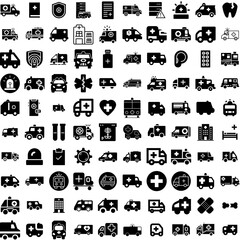 Collection Of 100 Ambulance Icons Set Isolated Solid Silhouette Icons Including Vehicle, Transport, Rescue, Car, Ambulance, Emergency, Medical Infographic Elements Vector Illustration Logo
