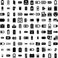 Collection Of 100 Battery Icons Set Isolated Solid Silhouette Icons Including Battery, Industry, Energy, Electric, Electricity, Lithium, Power Infographic Elements Vector Illustration Logo