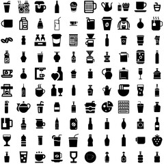 Collection Of 100 Beverage Icons Set Isolated Solid Silhouette Icons Including Drink, Glass, Fruit, Cocktail, Beverage, Juice, Food Infographic Elements Vector Illustration Logo