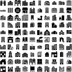 Collection Of 100 Buildings Icons Set Isolated Solid Silhouette Icons Including Building, Business, City, Office, Urban, Architecture, Construction Infographic Elements Vector Illustration Logo