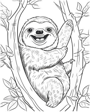 Sloth illustration coloring book black and white for kids and adults isolated line art on white background.	