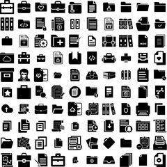 Collection Of 100 Documents Icons Set Isolated Solid Silhouette Icons Including Folder, Document, Office, Information, Business, File, Management Infographic Elements Vector Illustration Logo