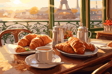 Parisian Breakfast with Warm Croissants and Baguettes, Generative AI