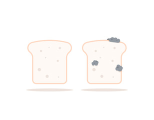illustration of a piece of white bread that is still in good condition and a piece of white bread that is in bad condition or not fit to eat. moldy and expired bread. before after. food. vector