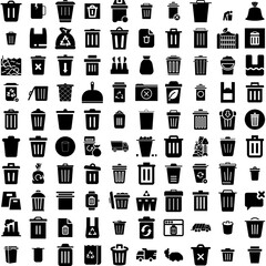Collection Of 100 Garbage Icons Set Isolated Solid Silhouette Icons Including Garbage, Trash, Pollution, Ecology, Plastic, Rubbish, Waste Infographic Elements Vector Illustration Logo