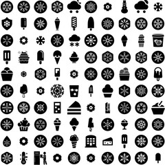 Collection Of 100 Frozen Icons Set Isolated Solid Silhouette Icons Including Food, Fresh, Ice, Frozen, Product, Background, Cold Infographic Elements Vector Illustration Logo