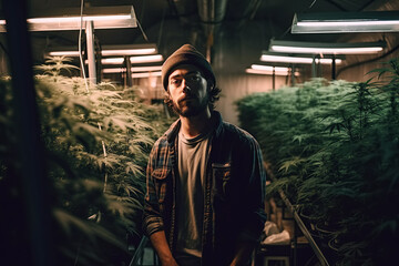 Fototapeta na wymiar Portrait of male worker in greenhouse for growing cannabis marijuana bushes. Legal business for production of medical hemp weed. Generative AI