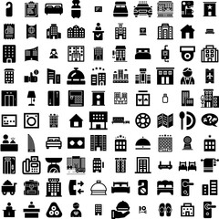 Collection Of 100 Hotel Icons Set Isolated Solid Silhouette Icons Including Bed, Hotel, Service, Vacation, Woman, Travel, Room Infographic Elements Vector Illustration Logo