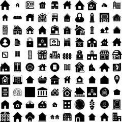 Collection Of 100 House Icons Set Isolated Solid Silhouette Icons Including Building, Residential, Home, House, Property, Estate, Architecture Infographic Elements Vector Illustration Logo