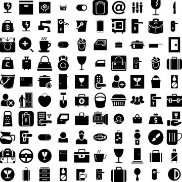 Collection Of 100 Handle Icons Set Isolated Solid Silhouette Icons Including Lock, Design, Handle, Door, Metal, Isolated, Vector Infographic Elements Vector Illustration Logo