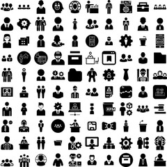 Collection Of 100 Manager Icons Set Isolated Solid Silhouette Icons Including Business, Management, Manager, Office, Businessman, Team, Teamwork Infographic Elements Vector Illustration Logo