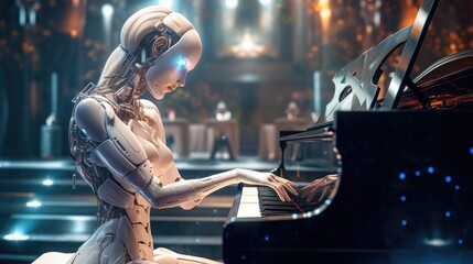 An android robot playing a musical instrument can compose a symphony, generative ai