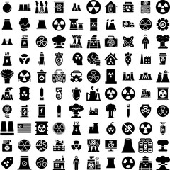 Collection Of 100 Nuclear Icons Set Isolated Solid Silhouette Icons Including Power, Industry, Energy, Building, Electricity, Pollution, Nuclear Infographic Elements Vector Illustration Logo
