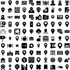 Collection Of 100 Place Icons Set Isolated Solid Silhouette Icons Including Symbol, Place, Icon, Vector, Sign, Illustration, Design Infographic Elements Vector Illustration Logo