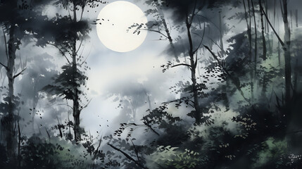 Enchanting Moonlit Forest: A Serene Sumie Painting with Moonlight Streaming Through Dense Foliage